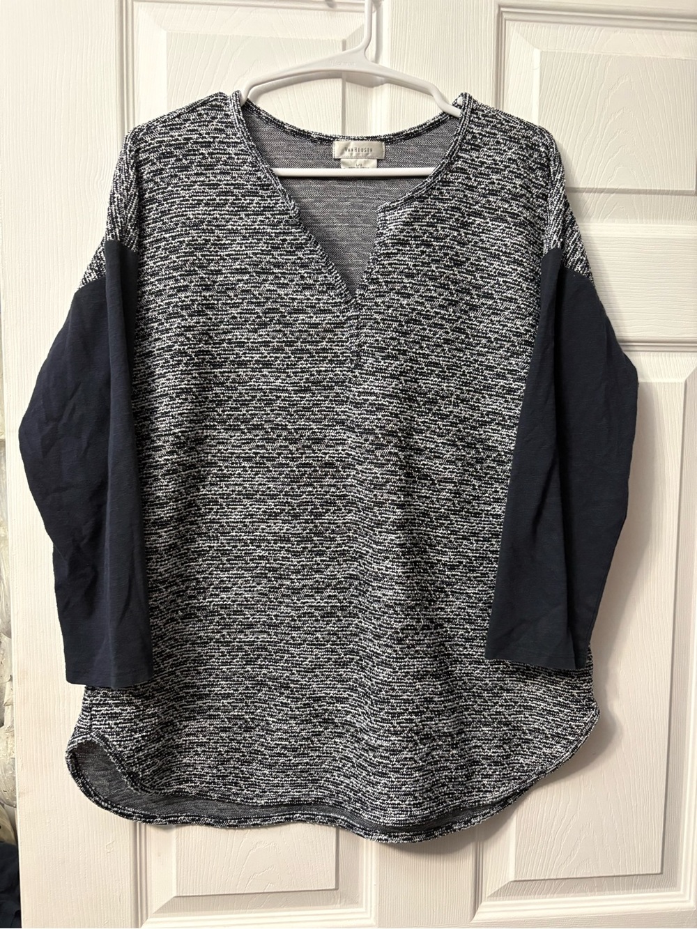 Van Heusen Gray Marled Split-Neck Top with Navy Sleeves